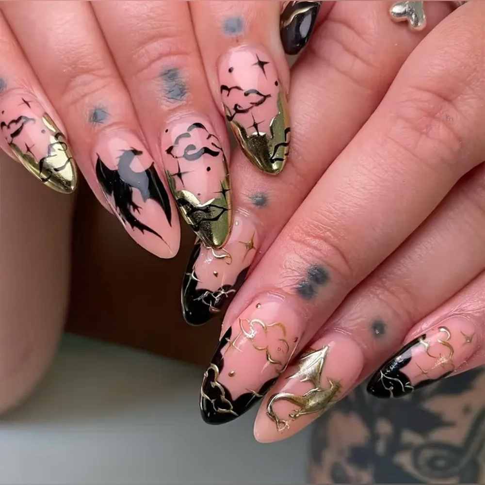 24 pcs Dragon Fantasy Gold and Black Almond Press-on Nails GOT Inspired